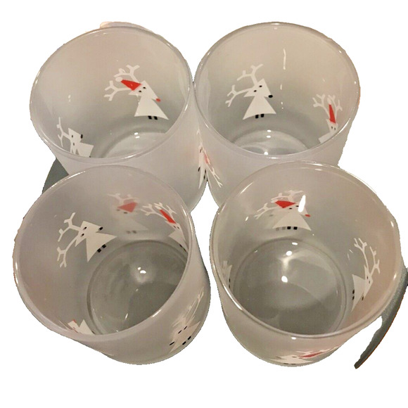 Set of 4 Frosted Glass Tea Light Holders by CRATE & BARREL Snow Deer w/Red Hats. - Picture 3 of 4